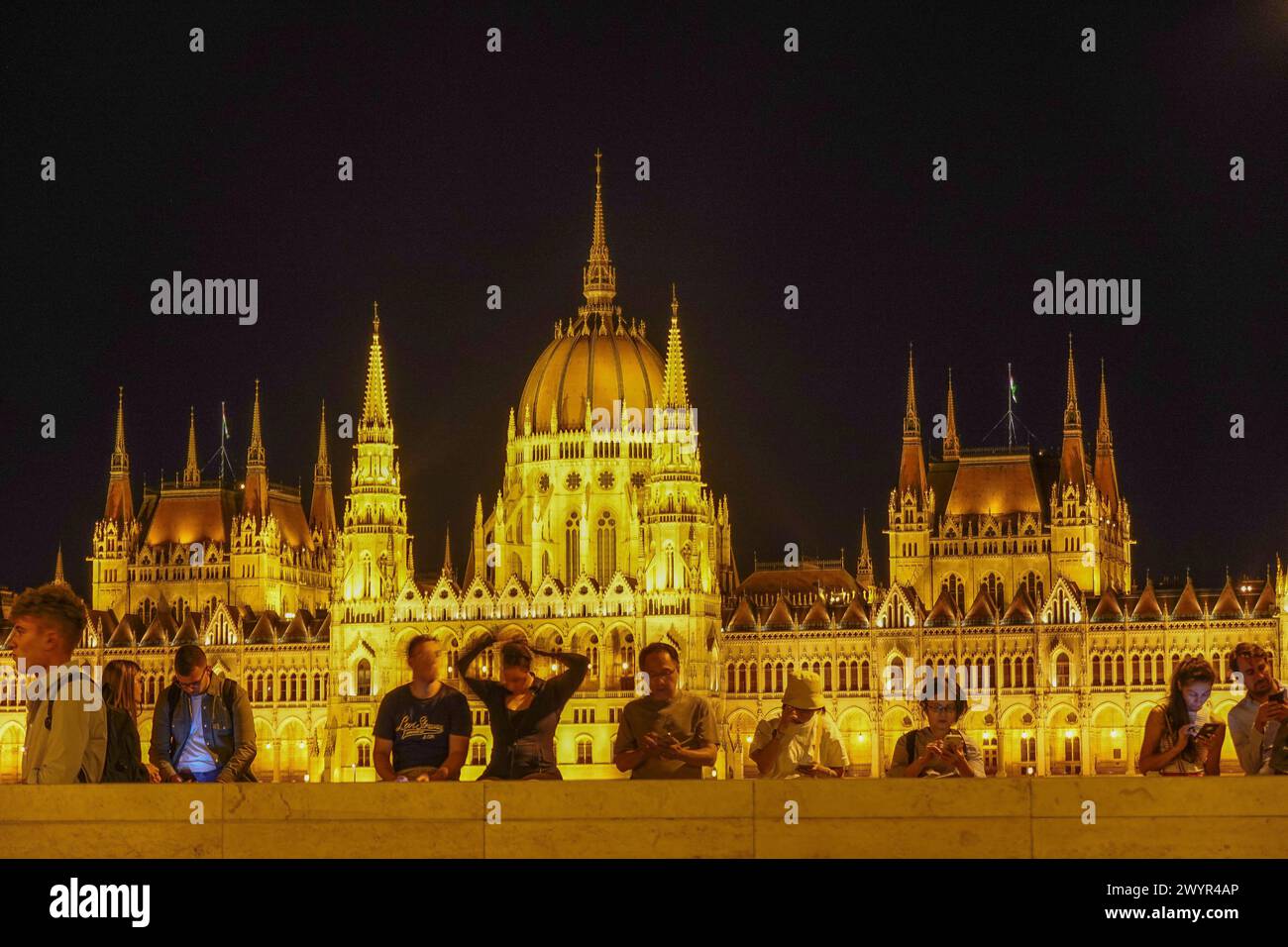 Hungary, Budapest, Night view of the Neo-Gothic Hungarian Parliament building The Hungarian Parliament Building also known as the Parliament of Budape Stock Photo