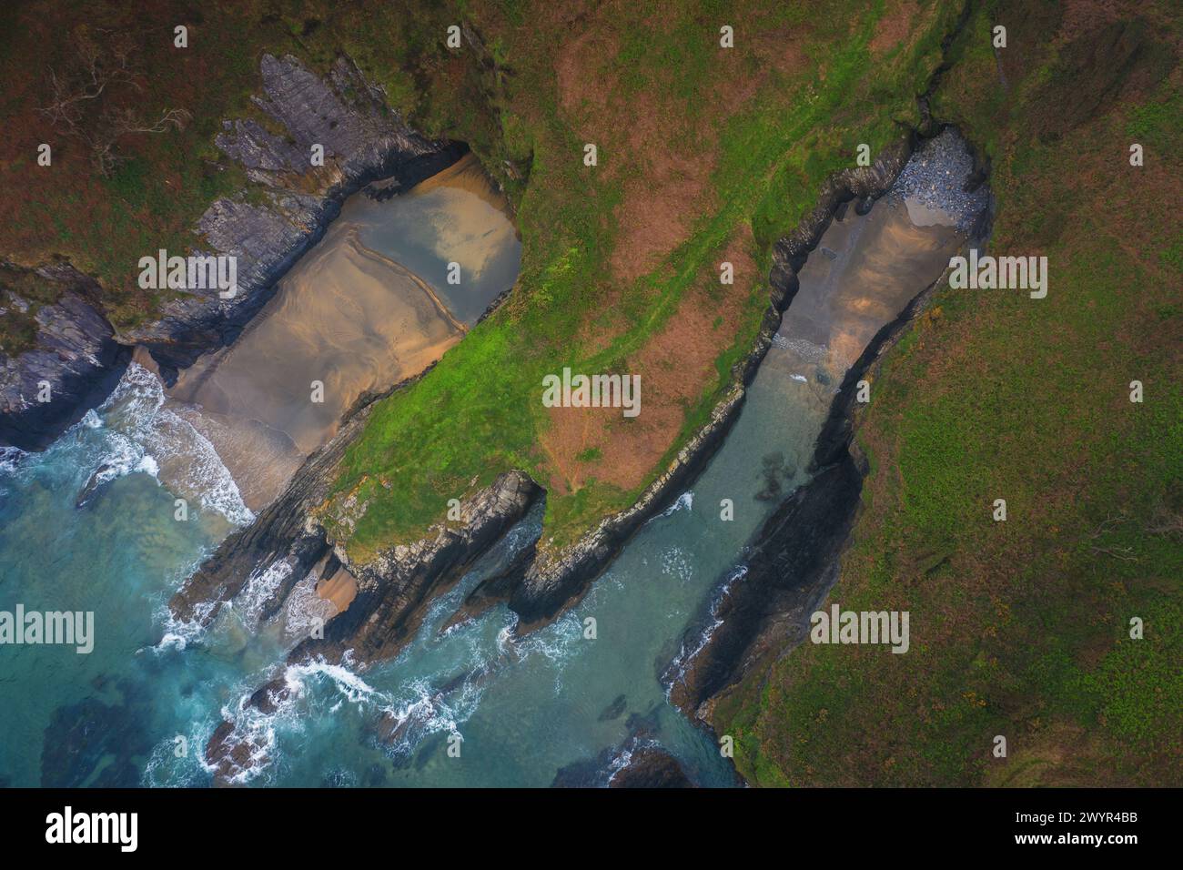Drone Photo of the borderline of coast in Otur Beach, Asturias Stock Photo