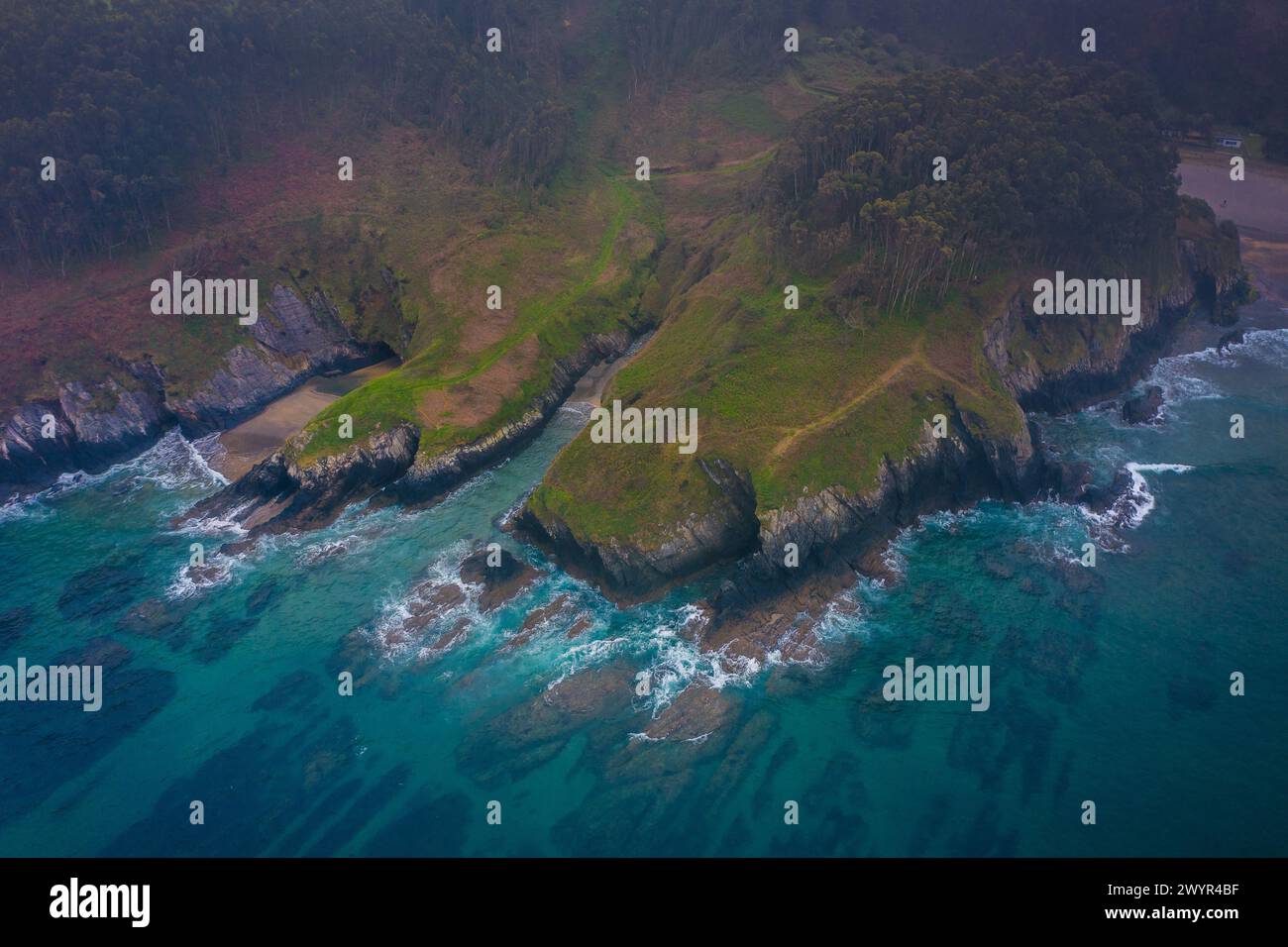 Drone Photo of the borderline of coast in Otur Beach, Asturias Stock Photo
