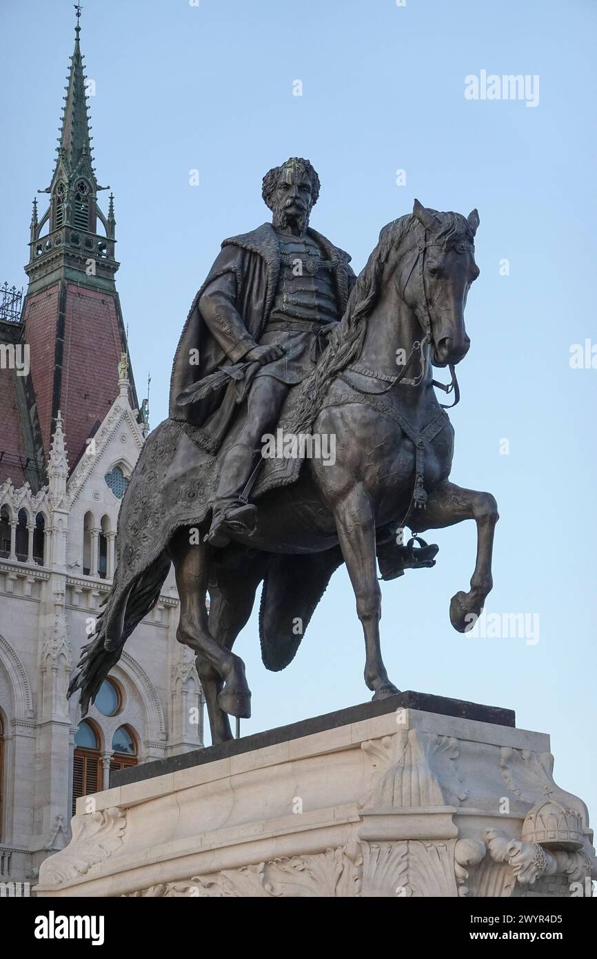 Hungary, Budapest, the equestrian statue of Count Gyula Andrassy, Hungarian Parliament Building The Hungarian Parliament Building also known as the Pa Stock Photo