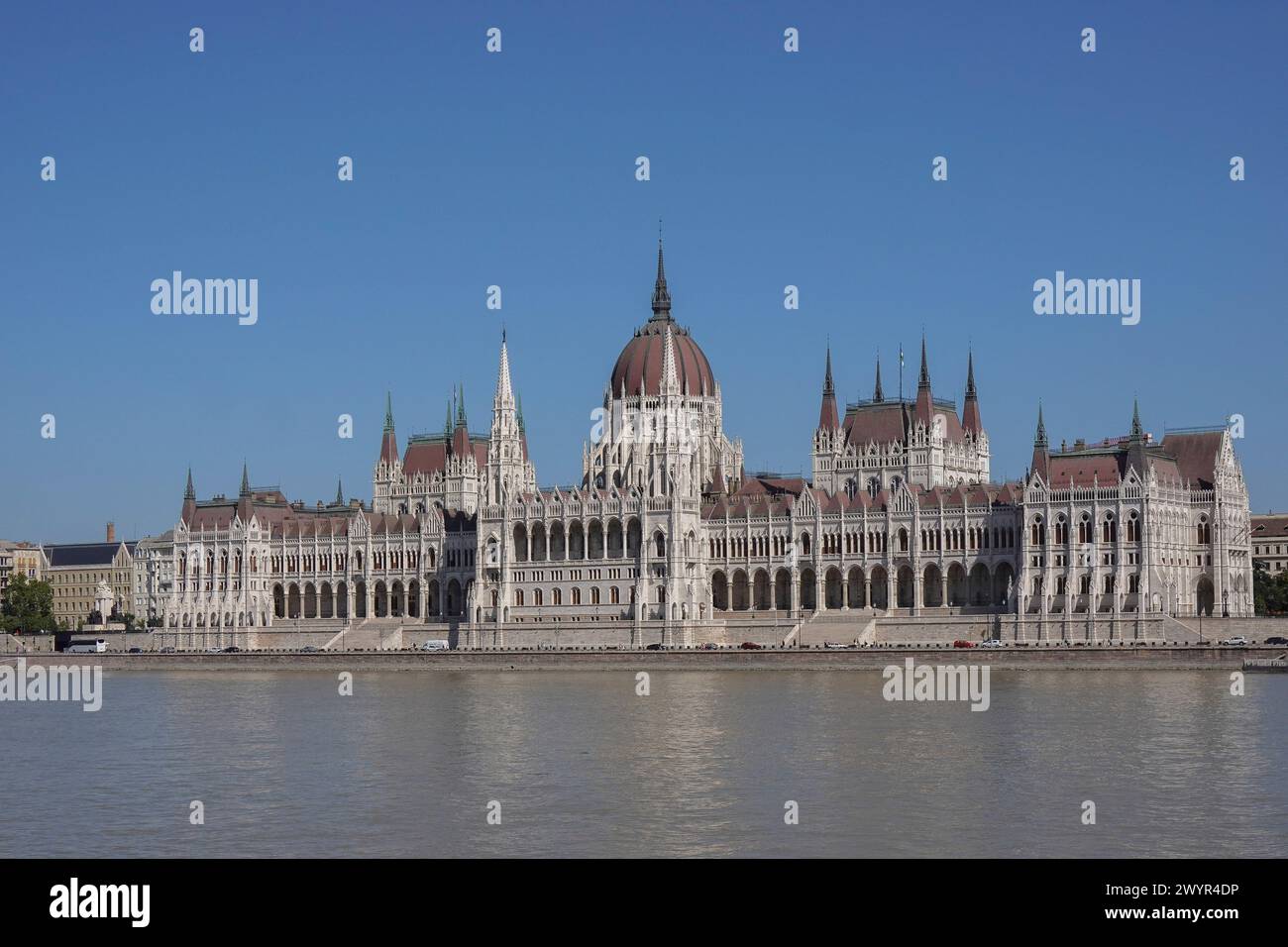 Hungary, Budapest, Panoramic view of the Neo-Gothic Hungarian Parliament building and Danubio river. The Hungarian Parliament Building also known as t Stock Photo