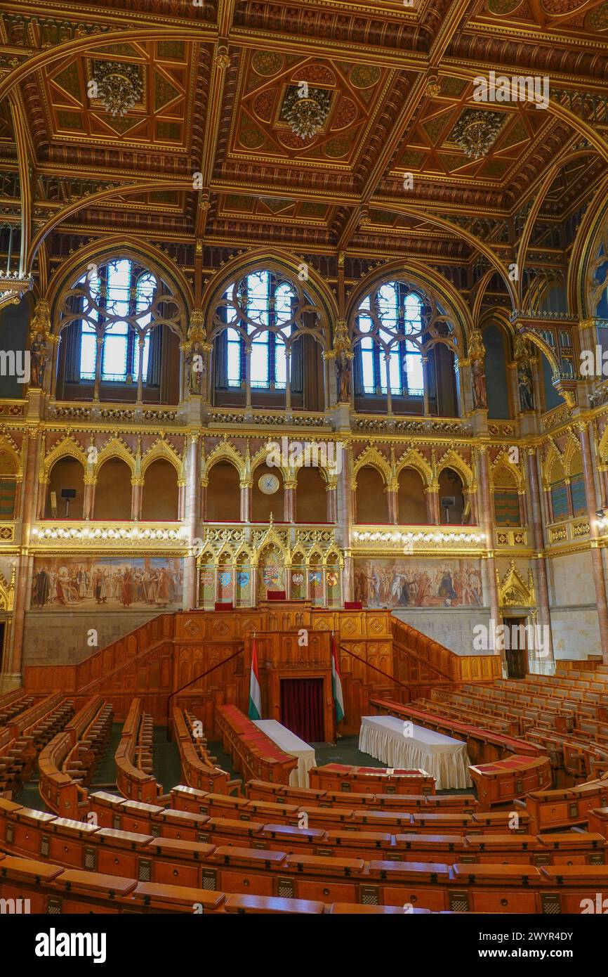 Hungary, Budapest, Interior of the House of Magnates of the Hungarian Parliament Building. The Hungarian Parliament Building also known as the Parliam Stock Photo