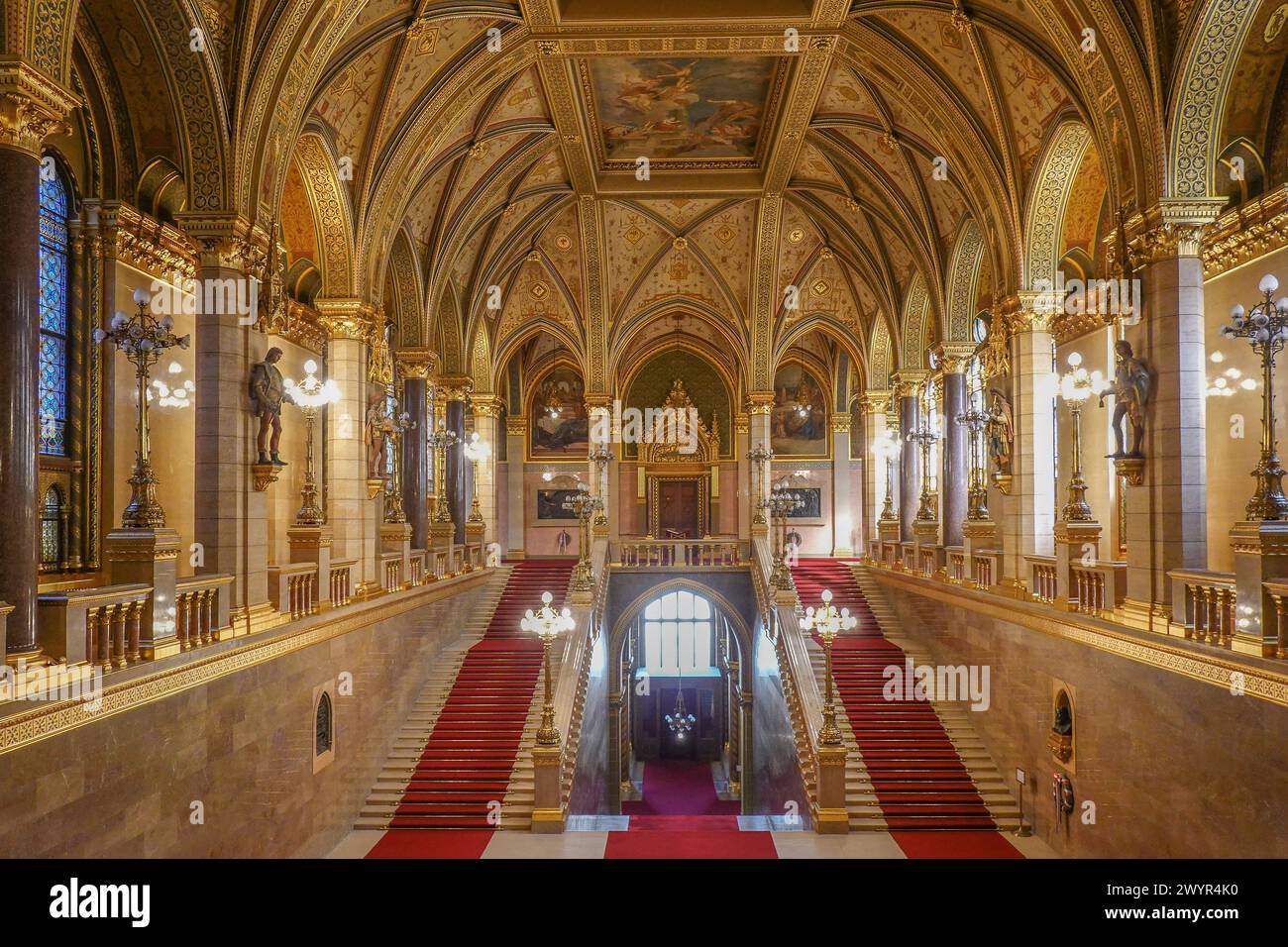 Hungary, Budapest, Interior of the House of Magnates of the Hungarian Parliament Building. The Hungarian Parliament Building also known as the Parliam Stock Photo