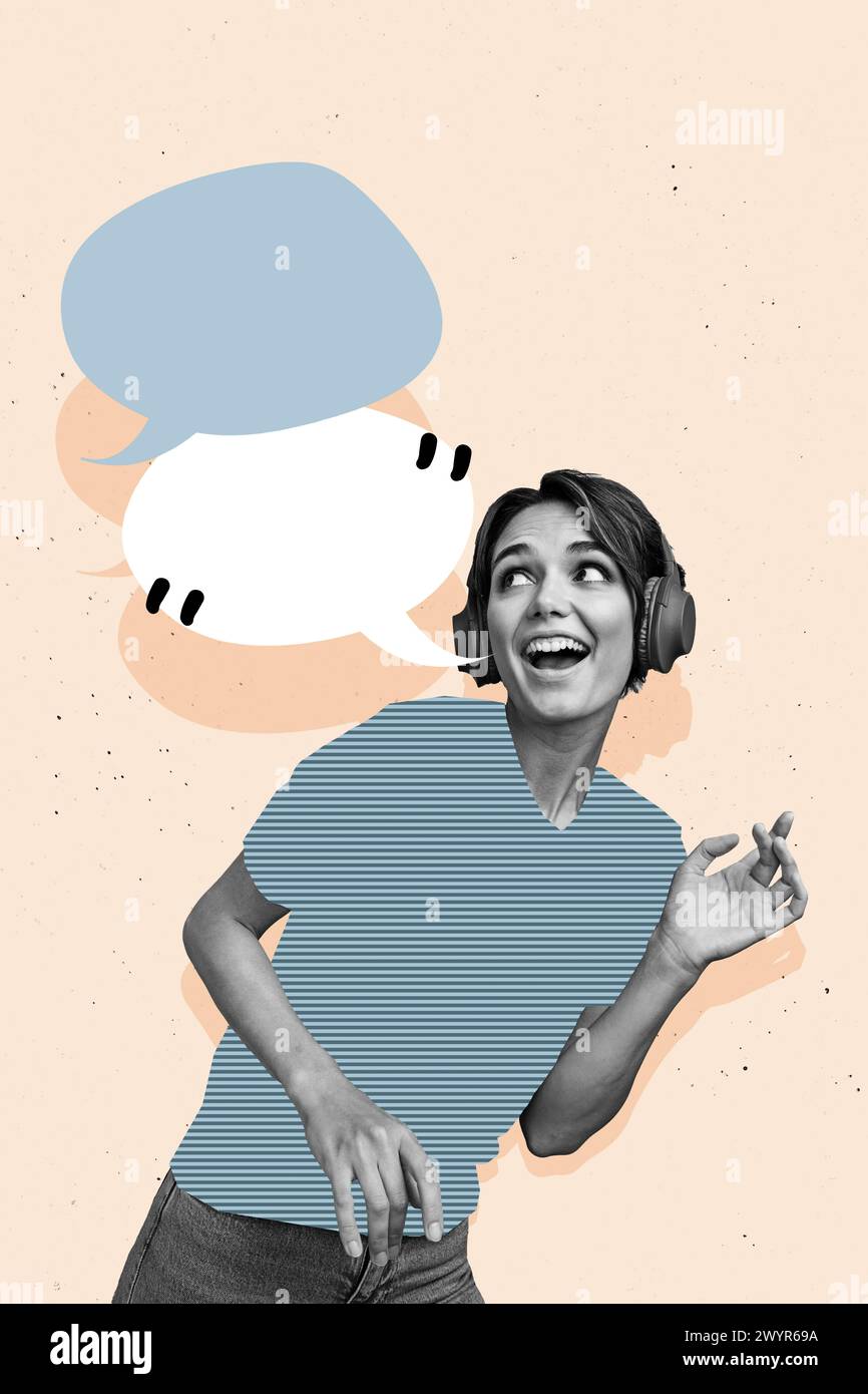 Vertical photo collage of happy girl listen music headphones dance leisure text box communication monologue isolated on painted background Stock Photo