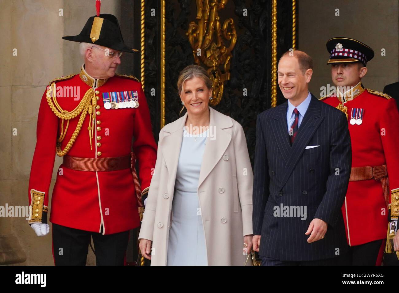 The Duke and Duchess of Edinburgh, on behalf of King Charles III, arrive for the Changing of the Guard at Buckingham Palace, London, with France's Gendarmerie's Garde Republicaine taking part to commemorate the 120th anniversary of the Entente Cordiale - the historic diplomatic agreement between Britain and France which laid the groundwork for their collaboration in both world wars. France is the first non-Commonwealth country to take part in the Changing of the Guard ceremony at Buckingham Palace. Picture date: Monday April 8, 2024. Stock Photo