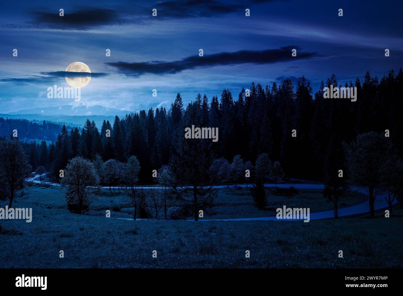 countryside scenery with forested mountains at night. asphalt country road winding through the valley in full moon light Stock Photo