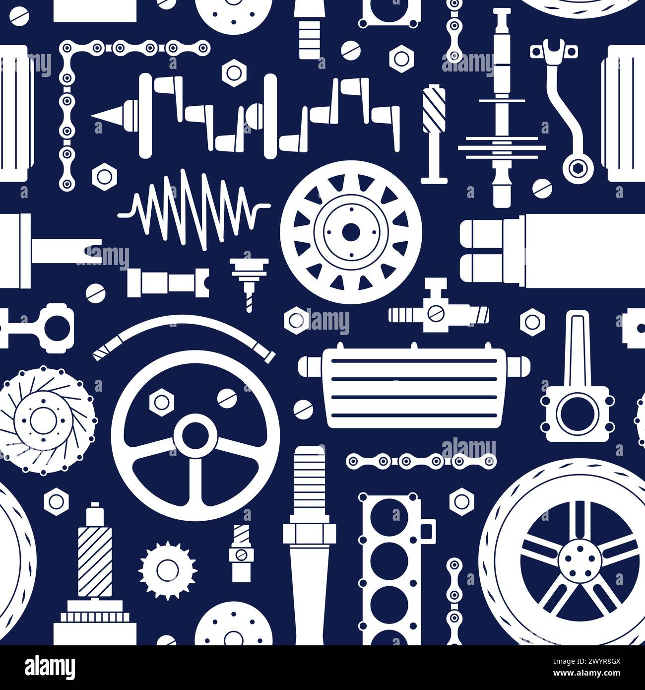 Spare parts seamless pattern. Auto service and repair background. Decorative design with gears and wheels, valve and springs, decent vector print Stock Vector