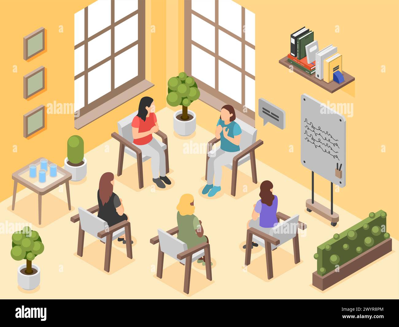 Isometric group therapy. Female support, psychology professional help center. Women talking about problems, girl club. Healthcare flawless vector Stock Vector