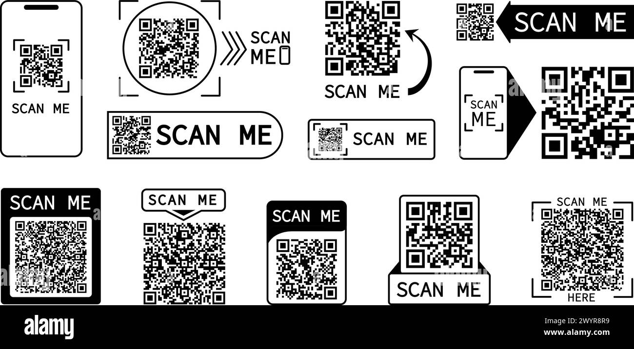 Scan me badges. QR codes in frames for scanning of smartphone. Code for web money transfer, payment bills, online banking. Barcodes decent vector set Stock Vector