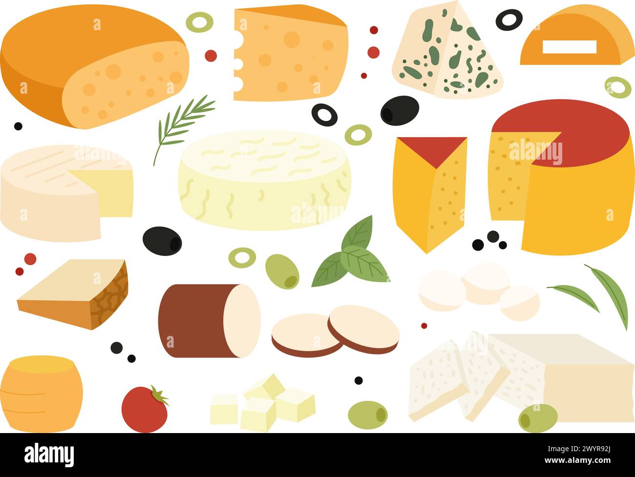Flat cheese collection. Delicious dairy products, fresh farm market goods. Italian or french cuisine, white and yellow cheese, decent vector set Stock Vector