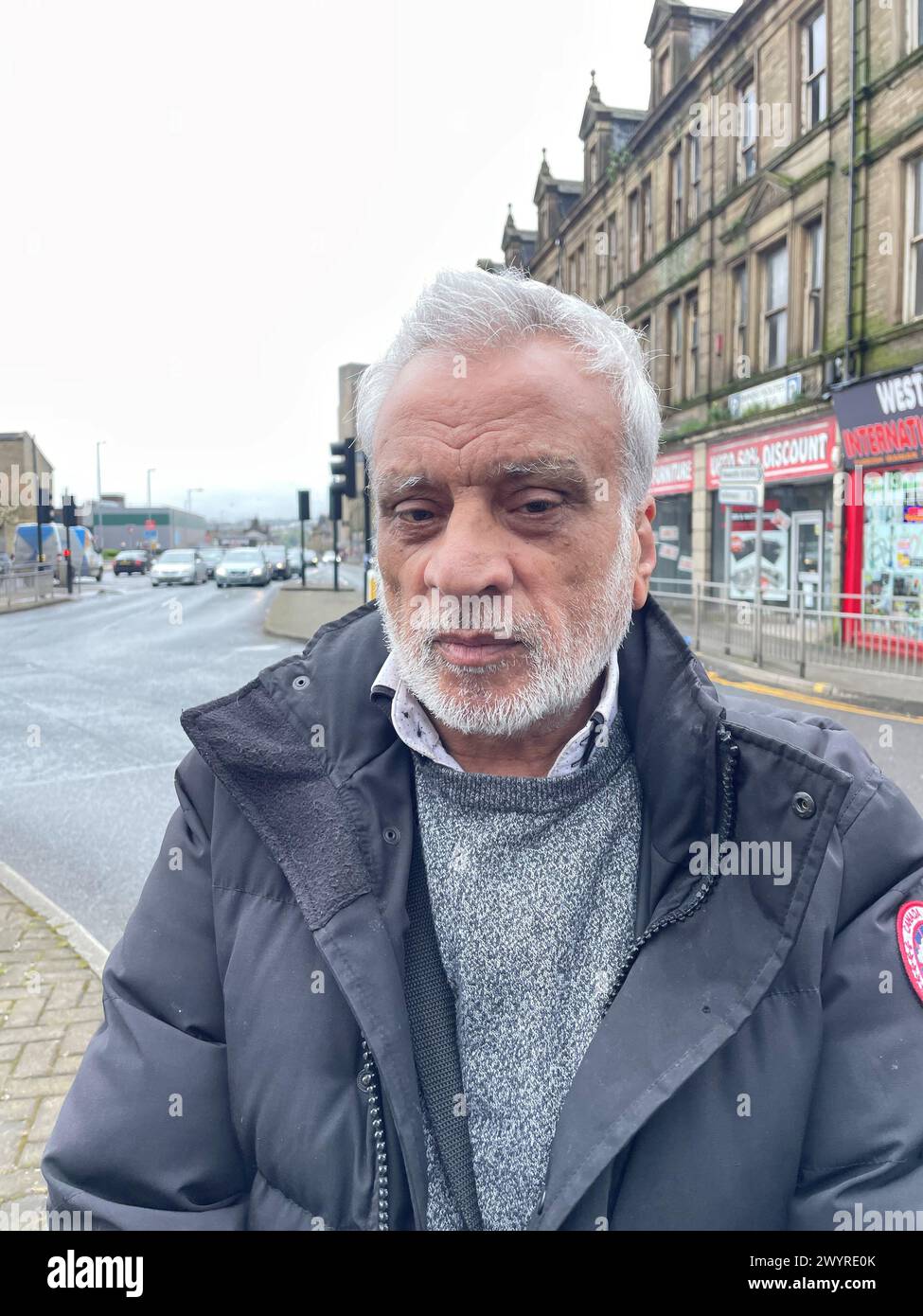 Shopkeeper Geo Khan who went to the aid of a young woman who was stabbed to death in the street as she pushed her baby in a pram on Saturday afternoon in Bradford city centre. Police are searching for Habibur Masum, 25, in connection with the fatal stabbing. Picture date: Monday April 8, 2024. Stock Photo