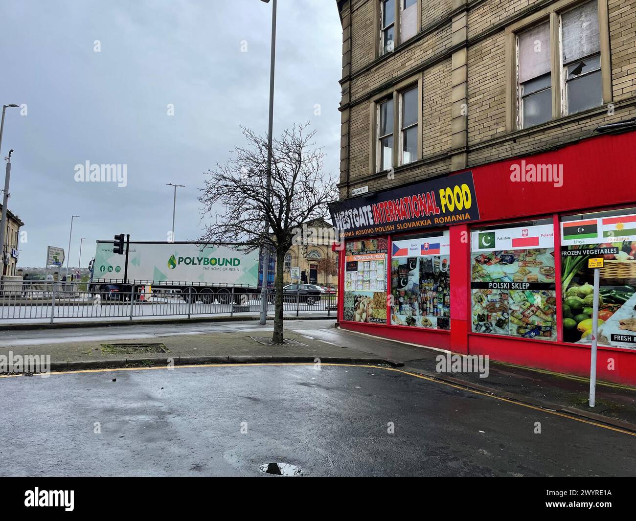 The scene in Bradford city centre where a young woman was stabbed to death in the street as she pushed her baby in a pram on Saturday afternoon. Police are searching for Habibur Masum, 25, in connection with the fatal stabbing. Picture date: Monday April 8, 2024. Stock Photo