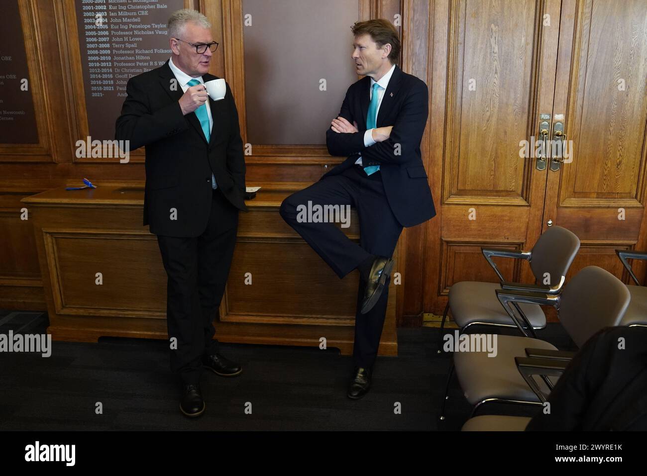 Reform UK leader Richard Tice (right) and Lee Anderson talk ahead of Reform UK's press conference at The Institute Of Marine Engineering Science Technology, in London. Picture date: Monday April 8, 2024. Stock Photo