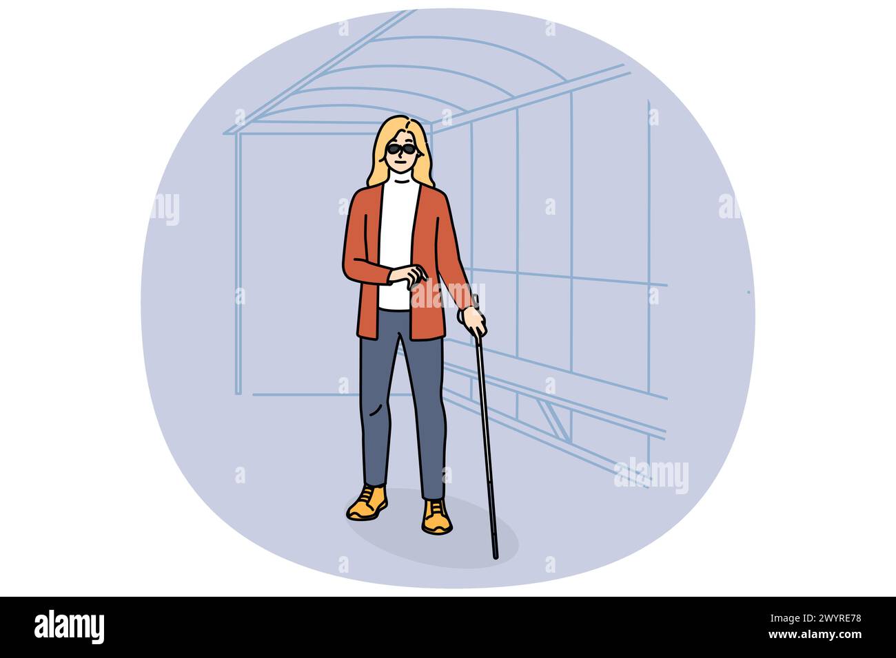 Blind woman with walking stick waiting on bus stop. Disabled female ...