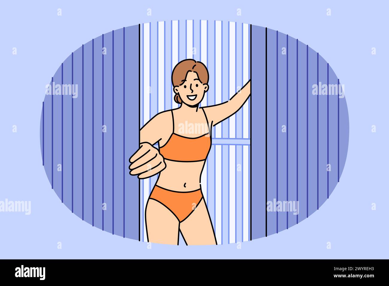Woman comes out of vertical solarium, urging people to stop sunbathing, which causes skin cancer due to ultraviolet light. Girl visitor solarium stands in swimsuit, enjoying visit SPA treatments Stock Vector