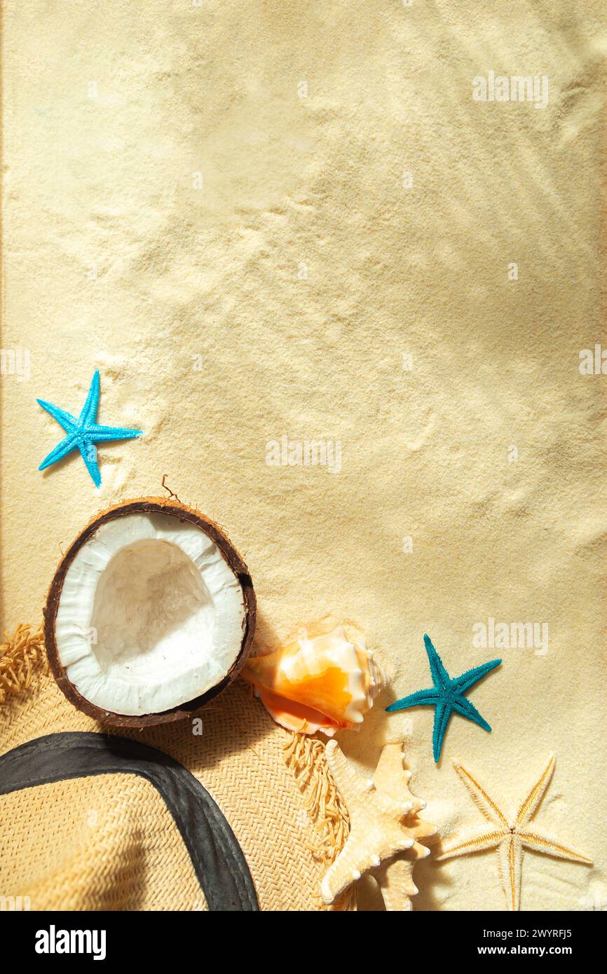 Straw hat, coconut, starfish and shells on white fine sand. Shadow from ...