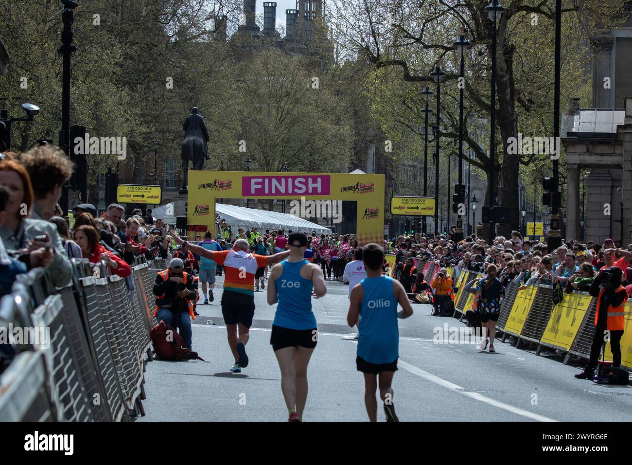 London, UK. 07th Apr, 2024. Runners approach the finish line at the