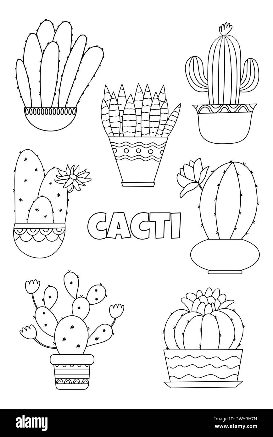 Cactus Set Illustrations For Coloring Are Perfect For Children'S Creativity Page Stock Vector