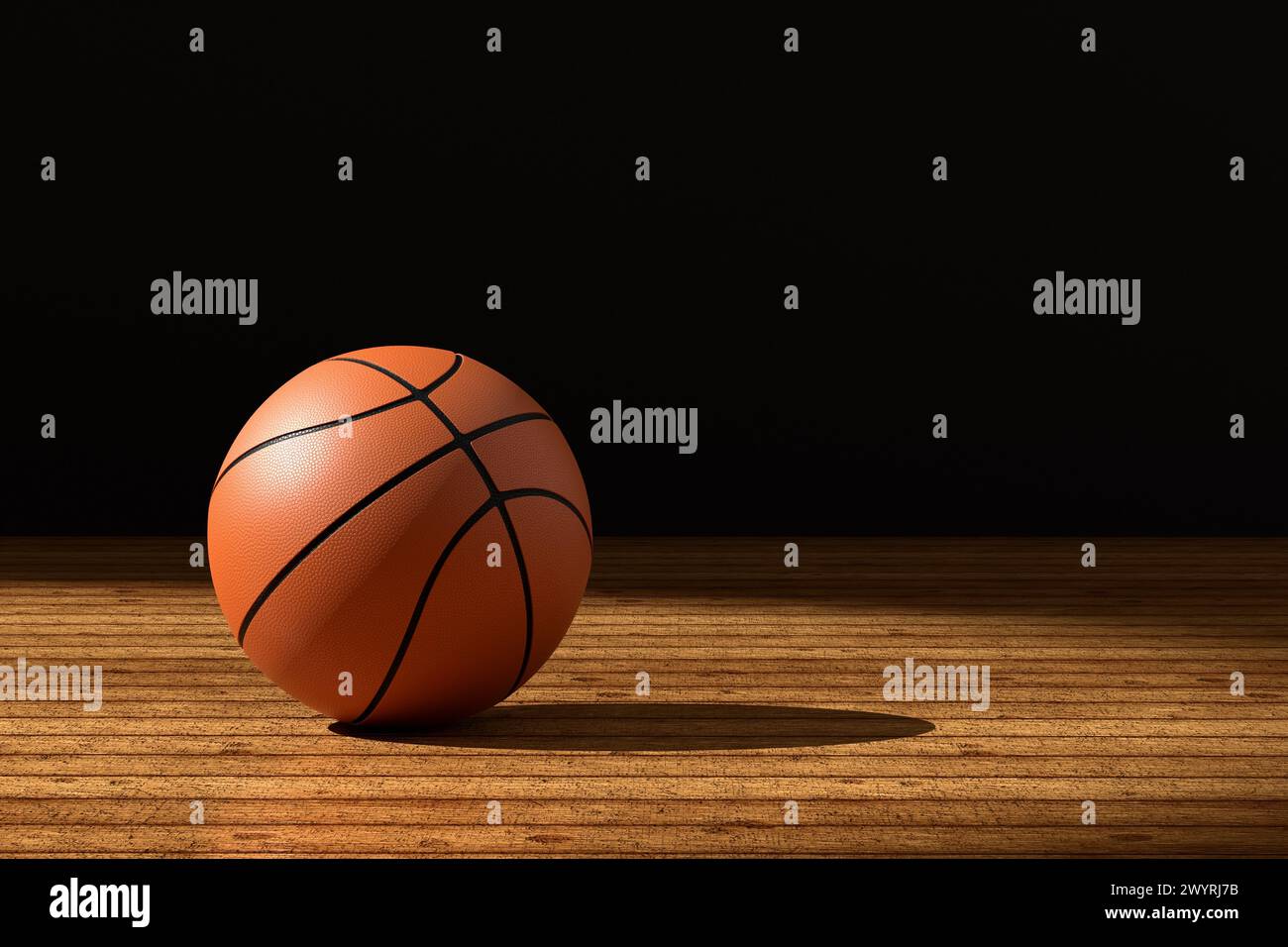 Basketball on weathered wooden court floor under the spotlight. Basketball game, sports, match and competition concept. 3D render. Stock Photo