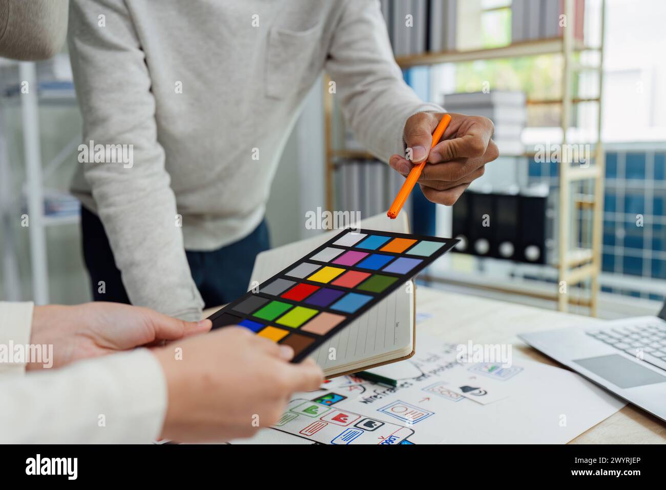 UI designer and UX developer brainstorm idea to design the application interface. Creative digital development agency. UX UI concept Stock Photo