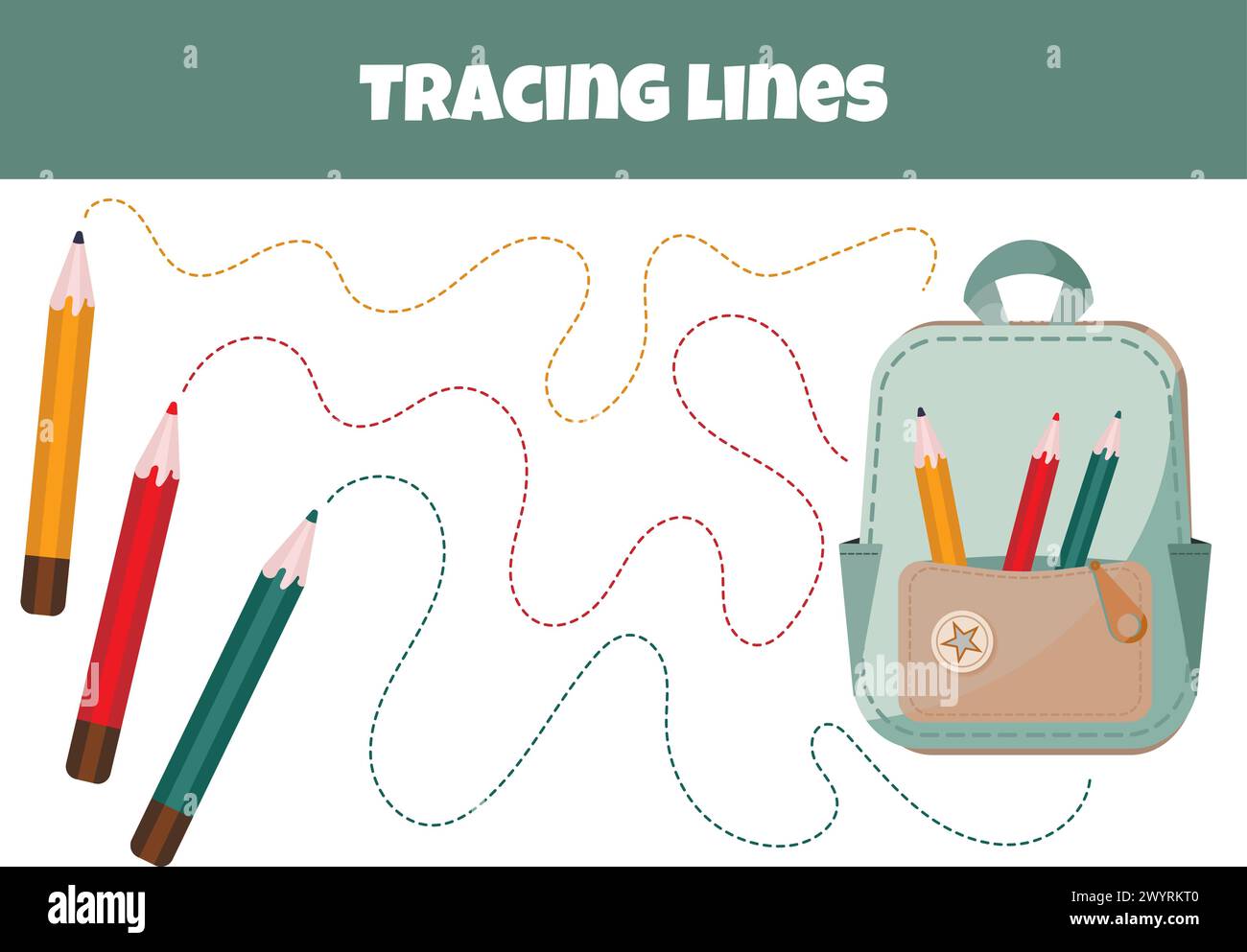 Outline The Line From Pencils To Backpack, A Worksheet For Tracing