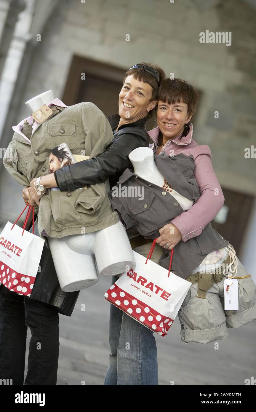 Clothes sellers with a mannequin. Retailers association. Elgoibar, Gipuzkoa, Euskadi. Spain. Stock Photo