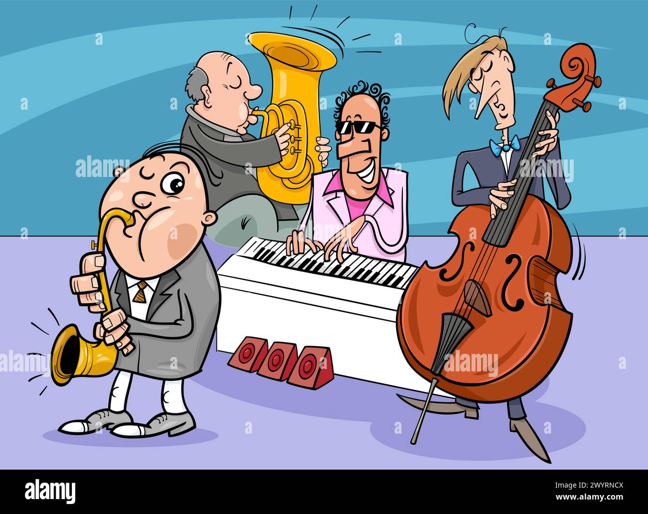 Cartoon illustration of jazz musicians band performing a concert Stock Vector