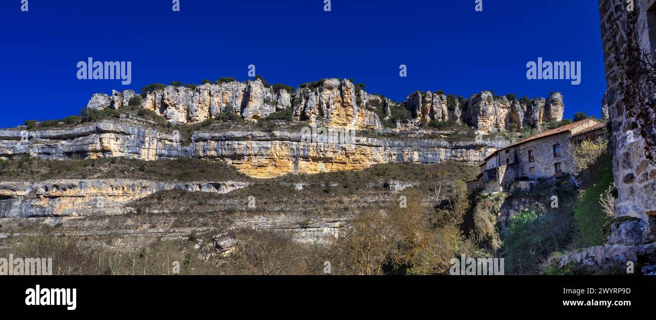 Karst Landscape, Point of Geological Interest, Hoces del Alto Ebro y Rudrón Natural Park, Orbaneja del Castillo, Medieval Village, Comarca del Páramo, Stock Photo
