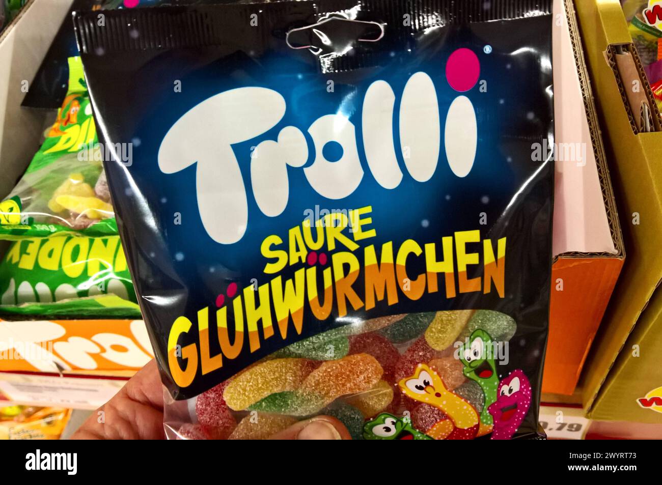 Trolli, saure Glühwürmchen - Fruchtgummi bzw Süssigkeit der Trolli GmbH aus Fürth *** Trolli, sour glowworms fruit gums or sweets from Trolli GmbH in Fürth Stock Photo