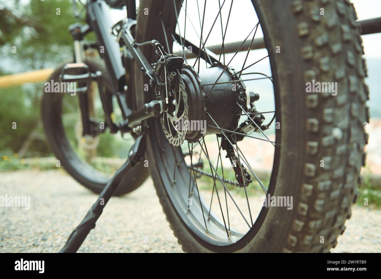 Details of a tubeless electric mountain bike tire wheel, standing on the the road trail. View from below. Low viewing angle. Selective focus Stock Photo
