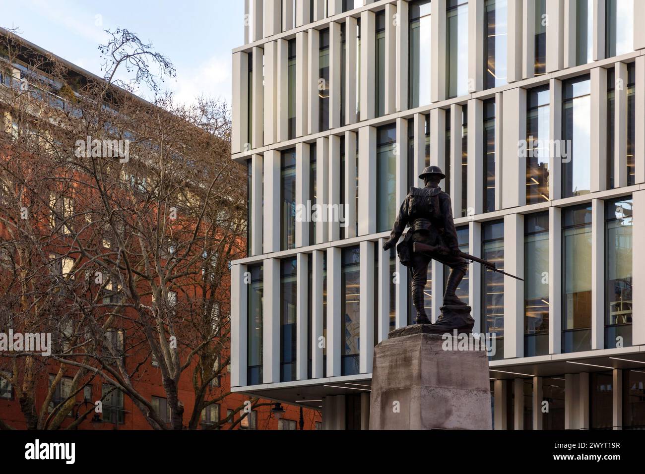 Exterior detail showing the WW1 Royal Fusiliers memorial. 150 Holborn, Holborn, United Kingdom. Architect: Perkins & Will , 2023. Stock Photo