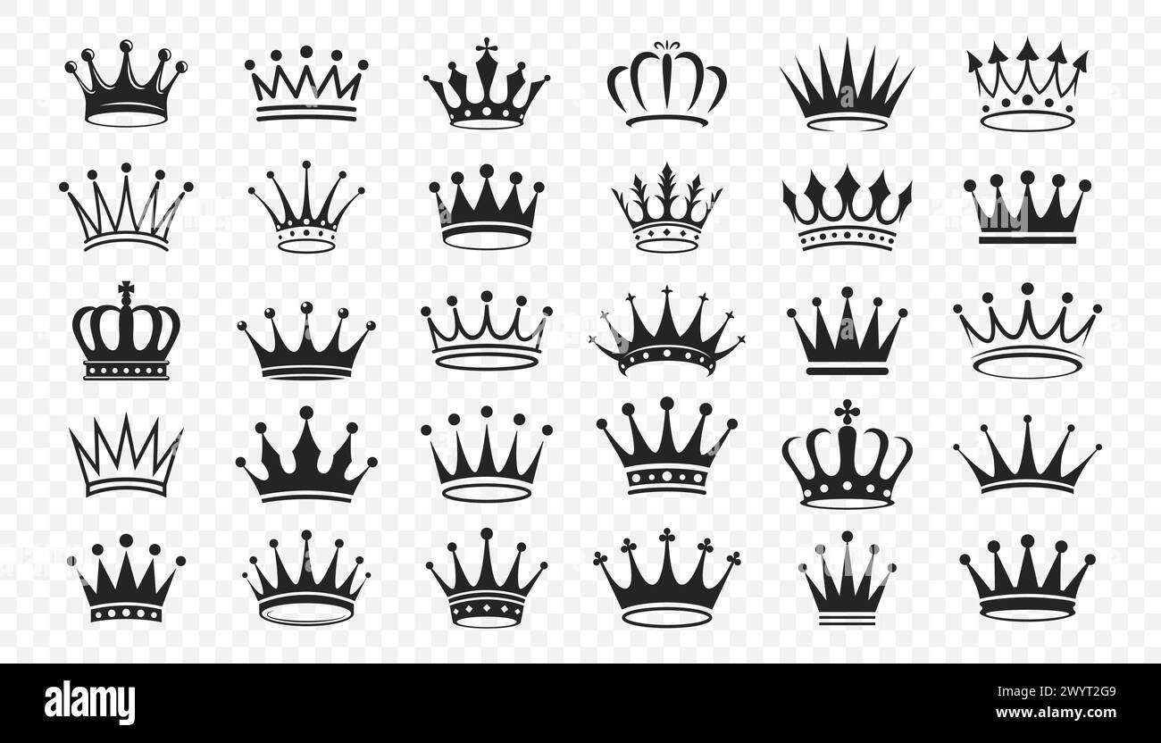 Crowns. Vector Black Monochrome Crown Icon Set. Collection of Crown Silhouettes Stock Vector