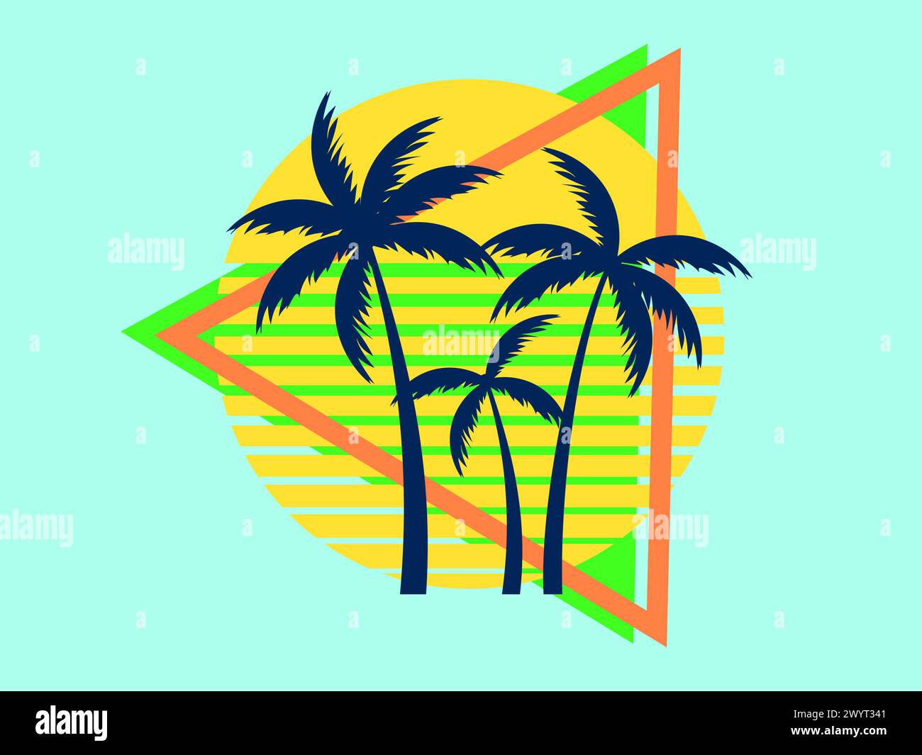 80s retro sci-fi palm trees on a sunset in triangular frame. Retro ...