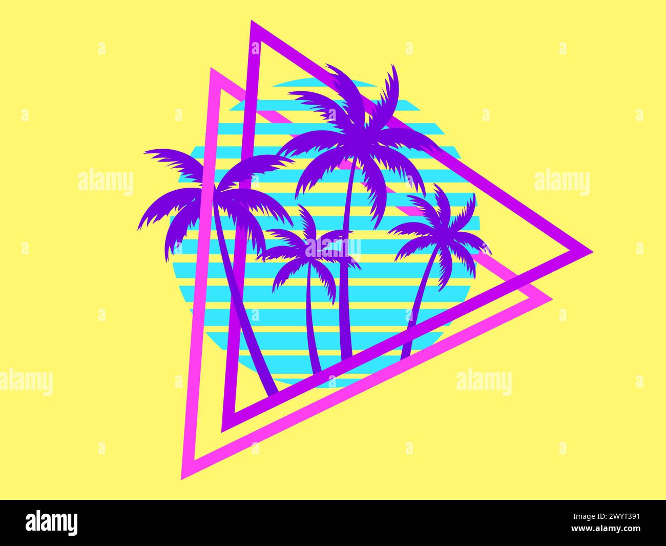 80s retro sci-fi palm trees on a sunset in triangular frame. Retro futuristic sun with palm trees. Synthwave and retrowave style. Design for advertisi Stock Vector