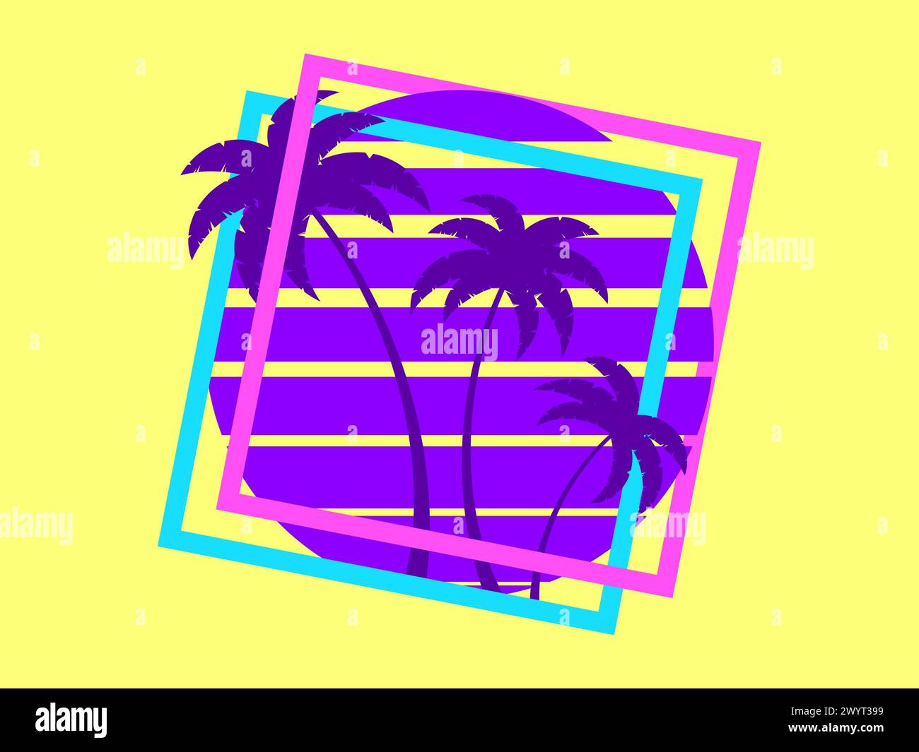 Retro sci-fi palm trees from the 80s at sunset in a square frame. Retro ...