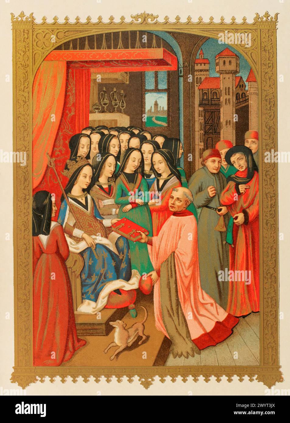 Marie of Anjou (1404-1463). Queen consort of France (1422-1461). The Court of Ladies of Marie of Anjou, wife of Charles VII. His chaplain, the scholar Robert Blondel, presents to her the allegorical treatise of the “Twelve Perils of Hell” which he composed for her, 1455. Chromolithography from a miniature of that book. 'Moeurs, usages et costumes au moyen-âge et à l'époque de la Renaissance', by Paul Lacroix. Paris, 1878. Stock Photo
