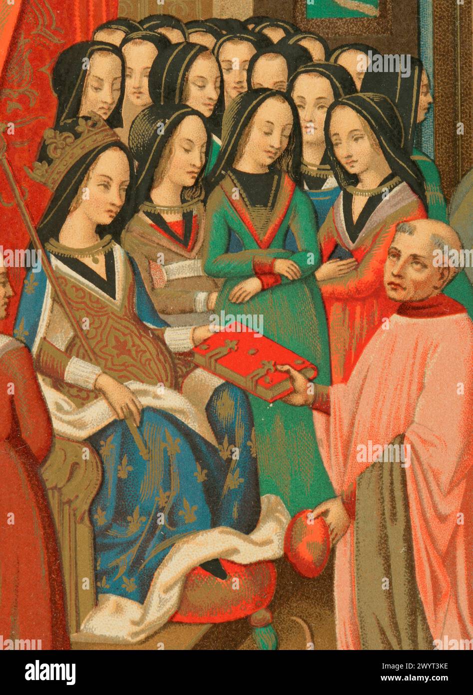 Marie of Anjou (1404-1463). Queen consort of France (1422-1461). The Court of Ladies of Marie of Anjou, wife of Charles VII. His chaplain, the scholar Robert Blondel, presents to her the allegorical treatise of the “Twelve Perils of Hell” which he composed for her, 1455. Chromolithography from a miniature of that book. Detail. 'Moeurs, usages et costumes au moyen-âge et à l'époque de la Renaissance', by Paul Lacroix. Paris, 1878. Stock Photo