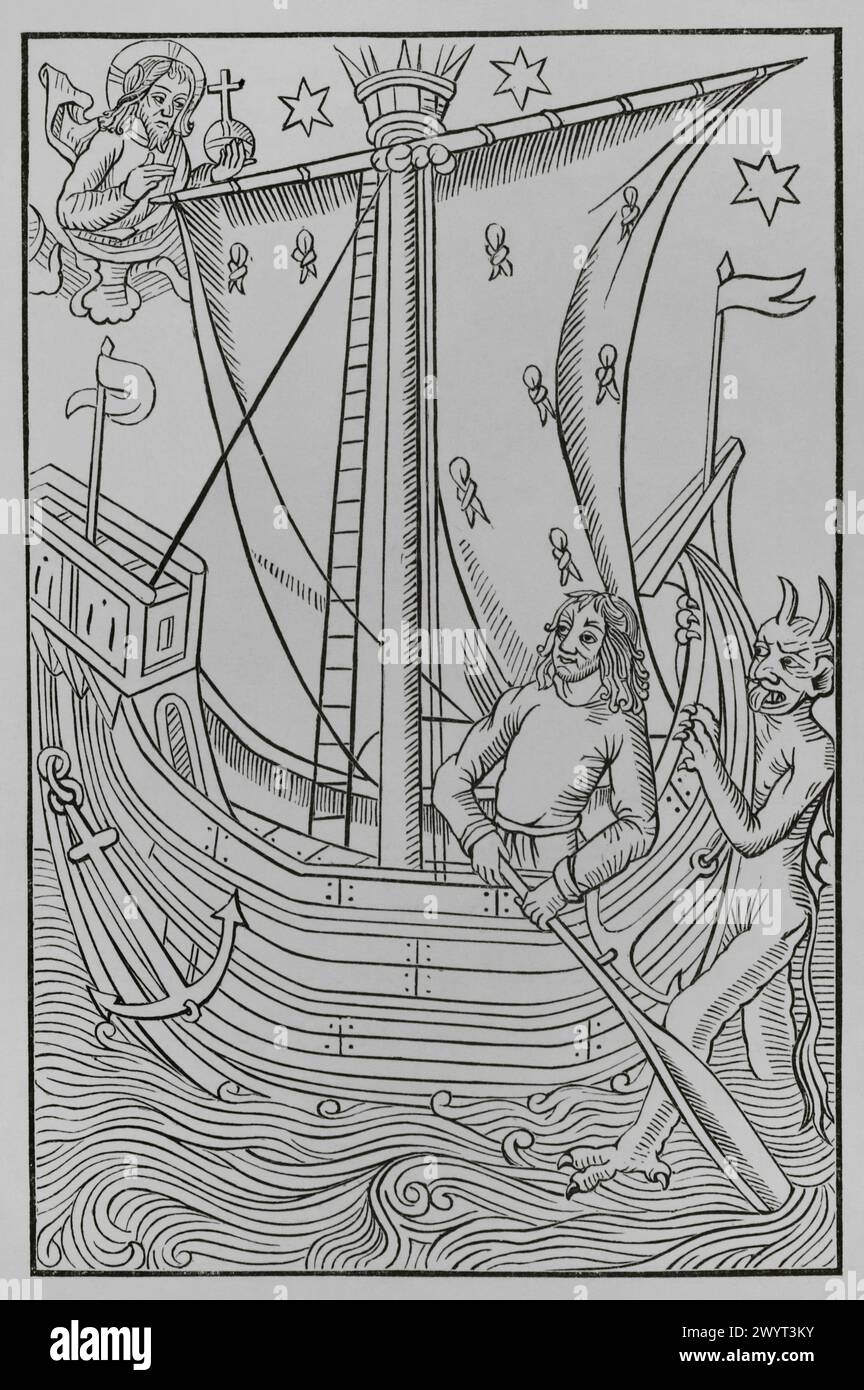 Boat sailing in the midst of the dangers of the sea. A sailor is trapped with his boat at sea during a storm. The devil threatens his life. God, in heaven, seems to protect the sailor's course to reach port. Facsimile after an engraving of 'Le grand calendrier et compost des bergers' by Nicolas le Rouge, Troyes, ca. 1490. 'Moeurs, usages et costumes au moyen-âge et à l'époque de la Renaissance', by Paul Lacroix. Paris, 1878. Stock Photo