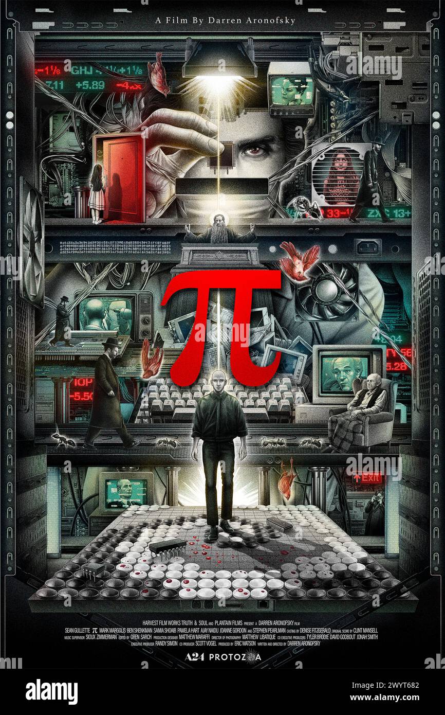 Pi (1998) directed by Darren Aronofsky and starring Sean Gullette, Mark Margolis and Ben Shenkman. A paranoid mathematician searches for a key number that will unlock the universal patterns found in nature. US one sheet poster for 25th anniversary 8k restoration re-release .***EDITORIAL USE ONLY*** Credit: BFA / A24 Stock Photo