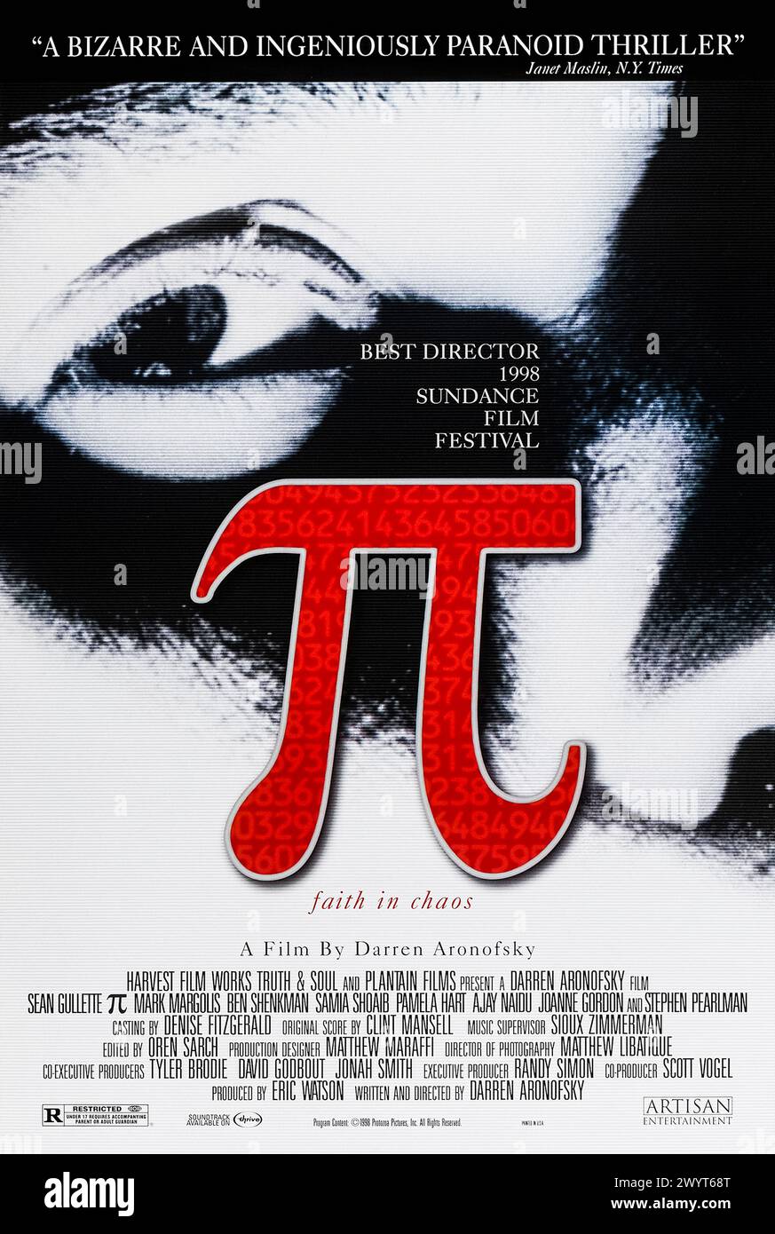 Pi (1998) directed by Darren Aronofsky and starring Sean Gullette, Mark Margolis and Ben Shenkman. A paranoid mathematician searches for a key number that will unlock the universal patterns found in nature. Photograph of an original 1998 US one sheet poster.***EDITORIAL USE ONLY*** Credit: BFA / Artisan Entertainment Stock Photo