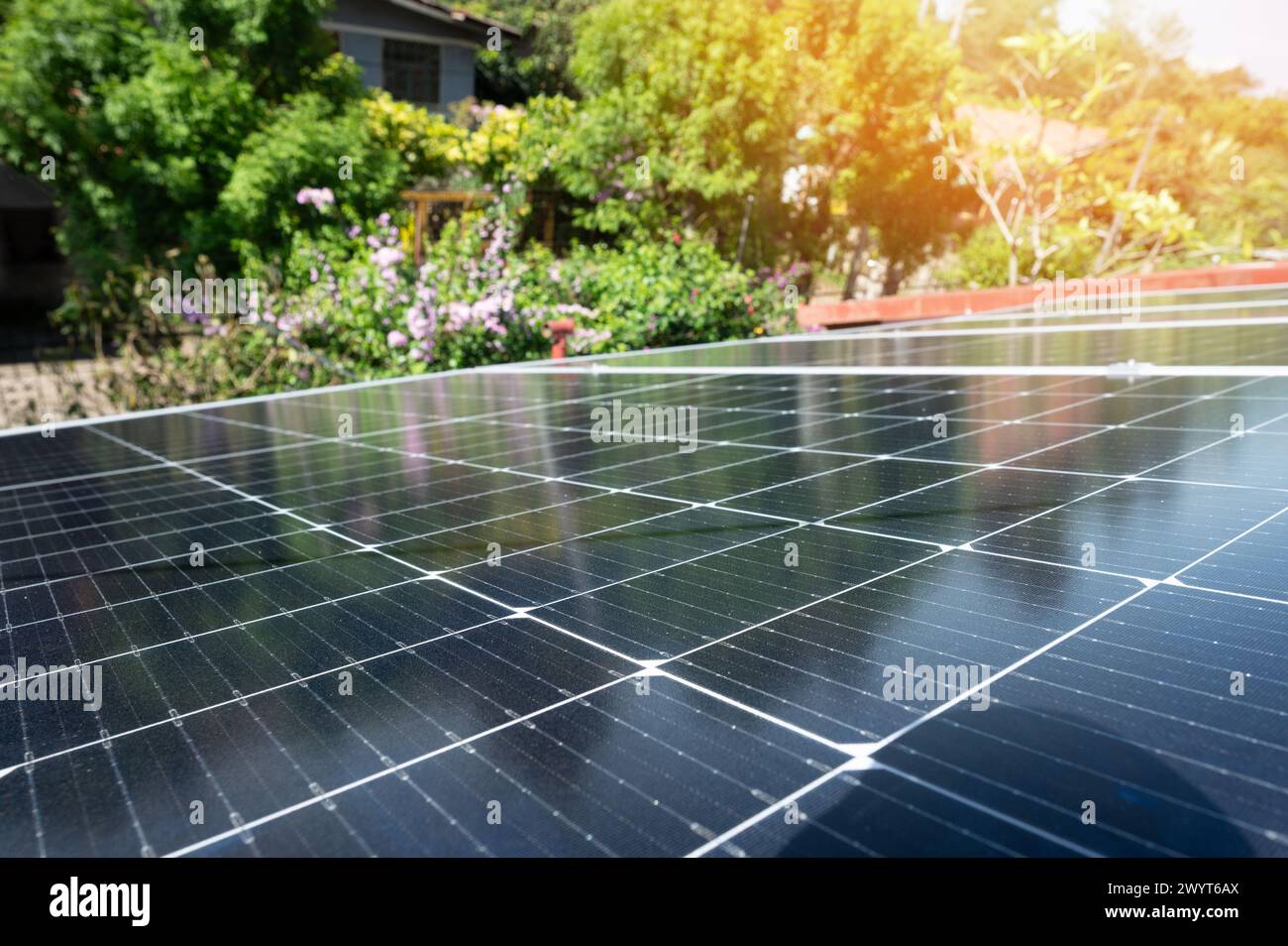 Solar energy theme. Solar panels surface on green garden background Stock Photo
