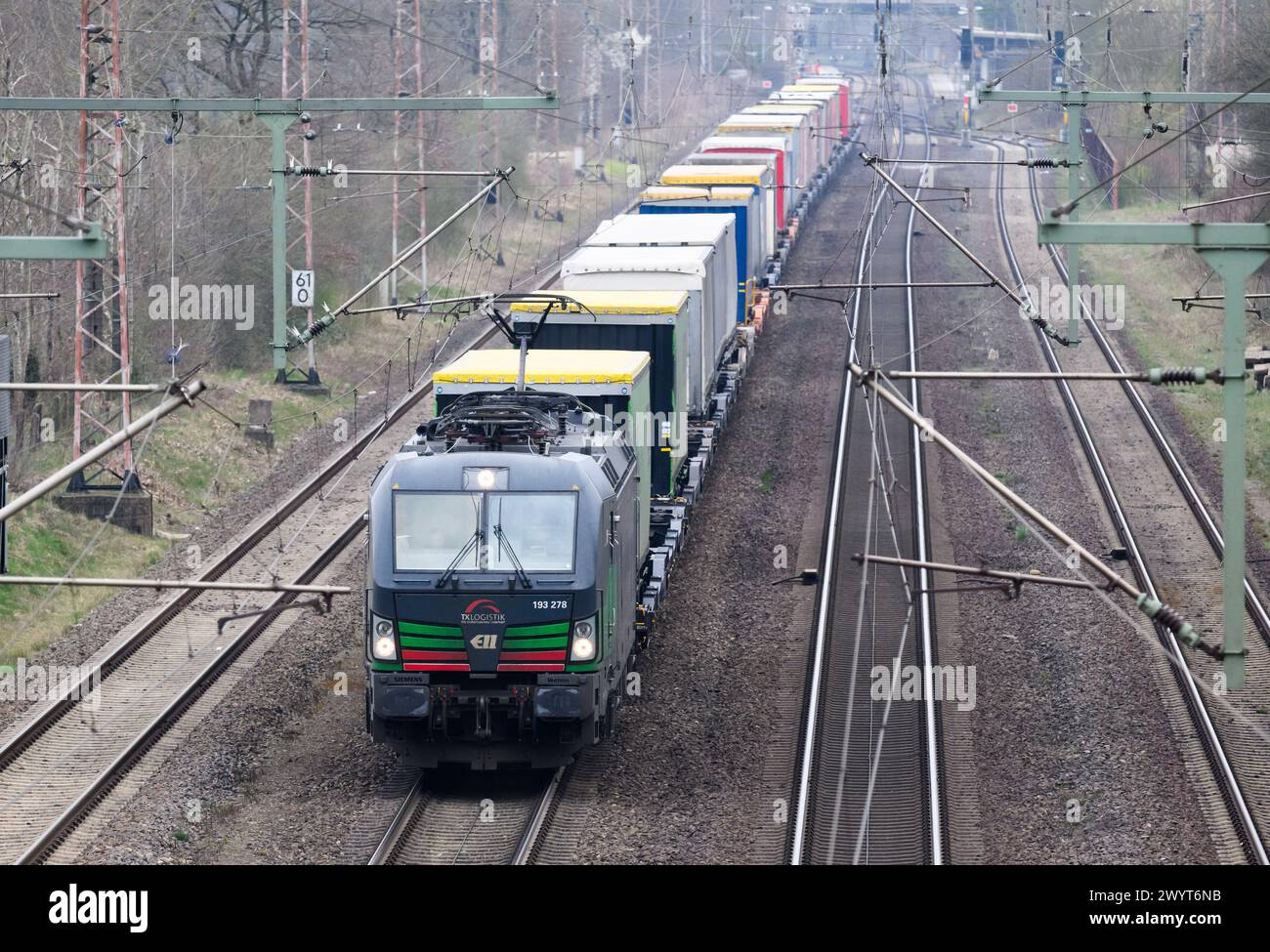 Eschede, Germany. 20th Mar, 2024. A freight train is traveling on the railroad line between Hamburg and Hanover. Credit: Julian Stratenschulte/dpa/Alamy Live News Stock Photo