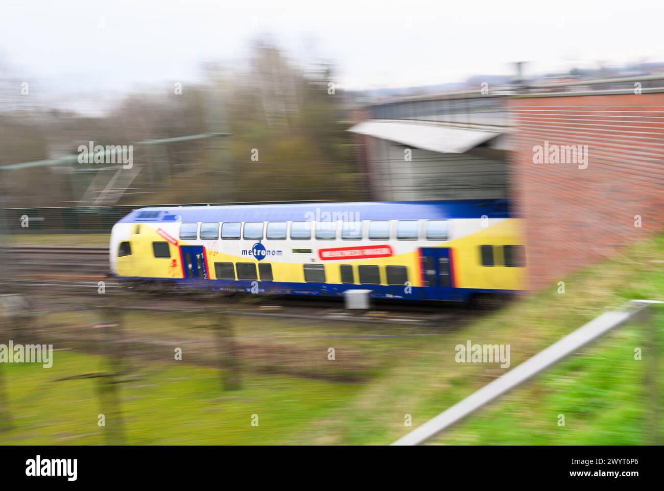 Eschede, Germany. 08th Apr, 2024. A train operated by the private rail company Metronom is traveling on the railroad line between Hamburg and Hanover. Credit: Julian Stratenschulte/dpa/Alamy Live News Stock Photo