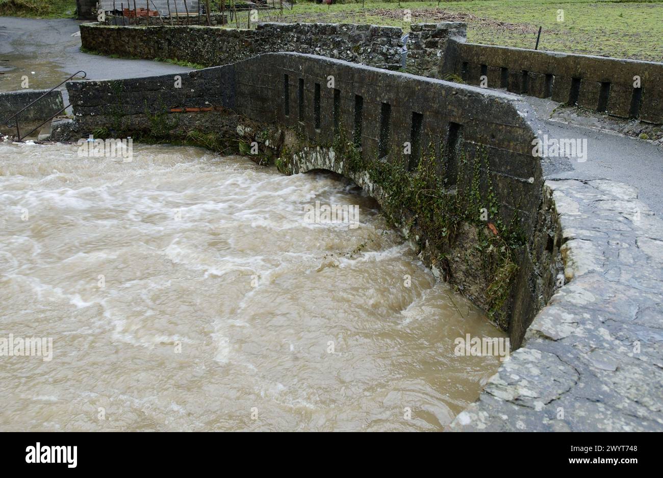 Freshet caused by heavy rains at Urola River. Guipúzcoa. Spain. Stock Photo
