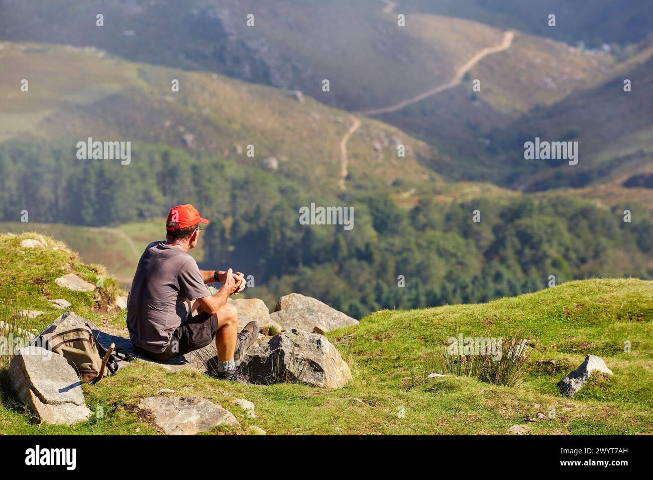 Mountaineer, Larrune mountain, La Rhune, Border between Spain and France, Europe. Stock Photo