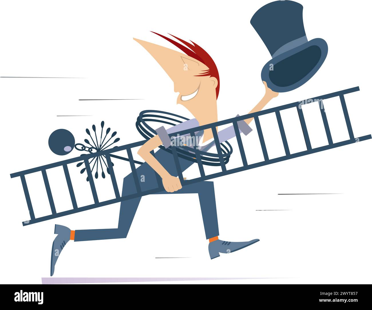 Cartoon running chimney sweeper.  Funny running chimney sweeper in the top hat with a rope, chimney brush and ladder. Isolated on white background Stock Vector