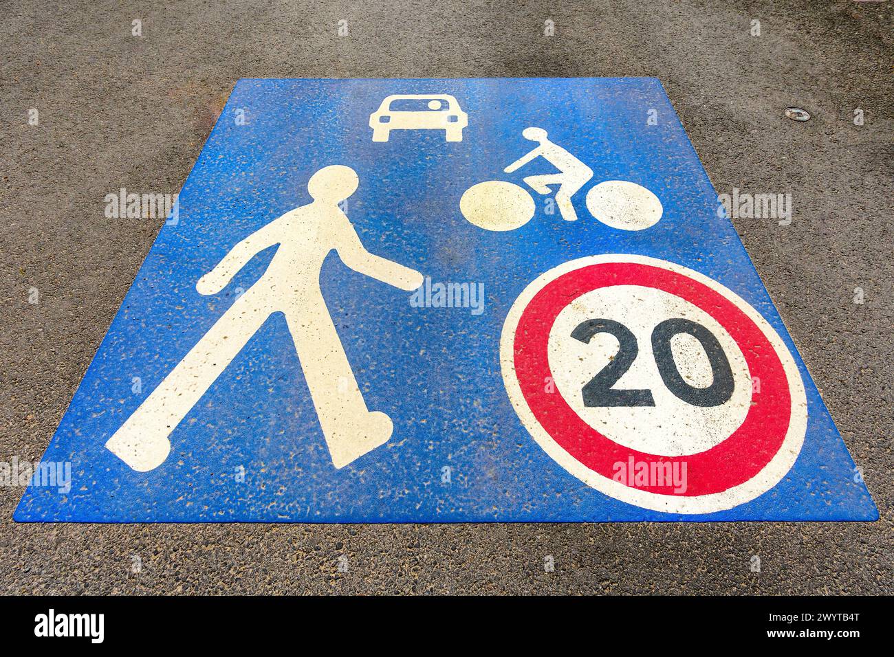 Confusing road markings - Saint-Savin, Vienne (86), France. Stock Photo