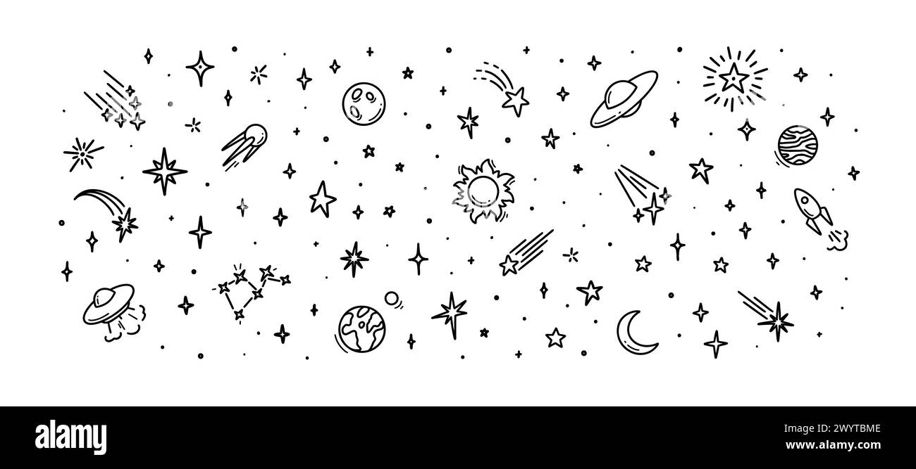 Cute line doodle space background. Hand drawn planets, sun, moon, stars, spaceship collection. Childish drawing cosmic illustration. Crayon, ink, penc Stock Vector