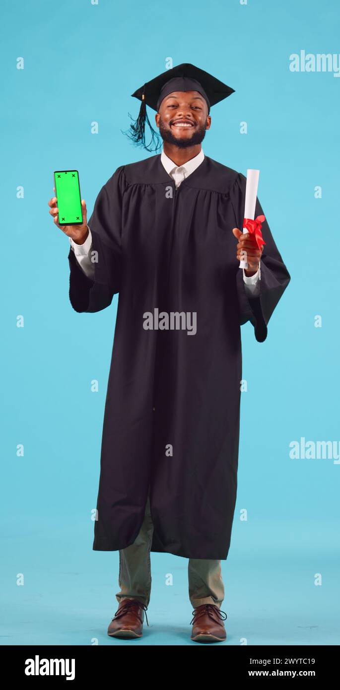 Education, graduation and green screen on a phone with a student black ...