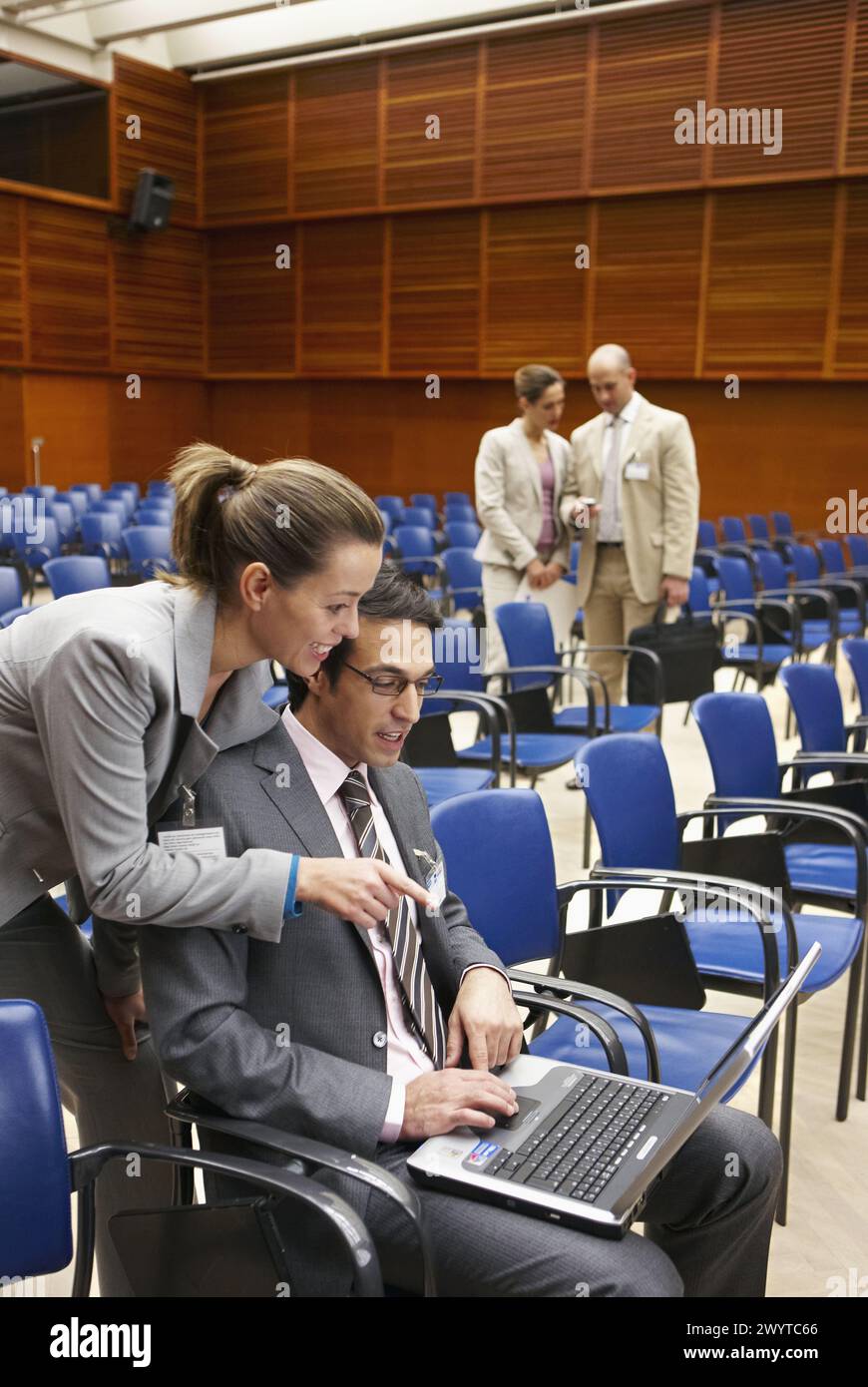 Conventioneers in lecture hall, convention center, Kursaal Center. San Sebastian, Guipuzcoa, Basque Country, Spain. Stock Photo